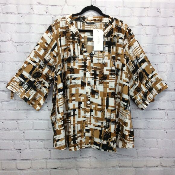 Bloomchic Tunic Womens Plus 22/24 Abstract V Neck Roll Tab Sleeve Faux Button Up - Picture 8 of 12